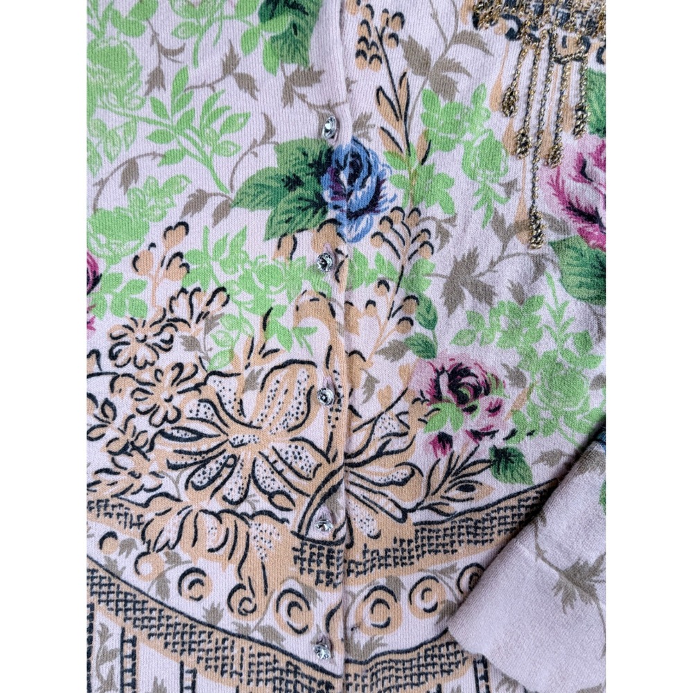 Charlotte Tarantola Floral Beaded Cardigan Pink Rose Knit Sweater XL EUC Retro - Picture 3 of 10